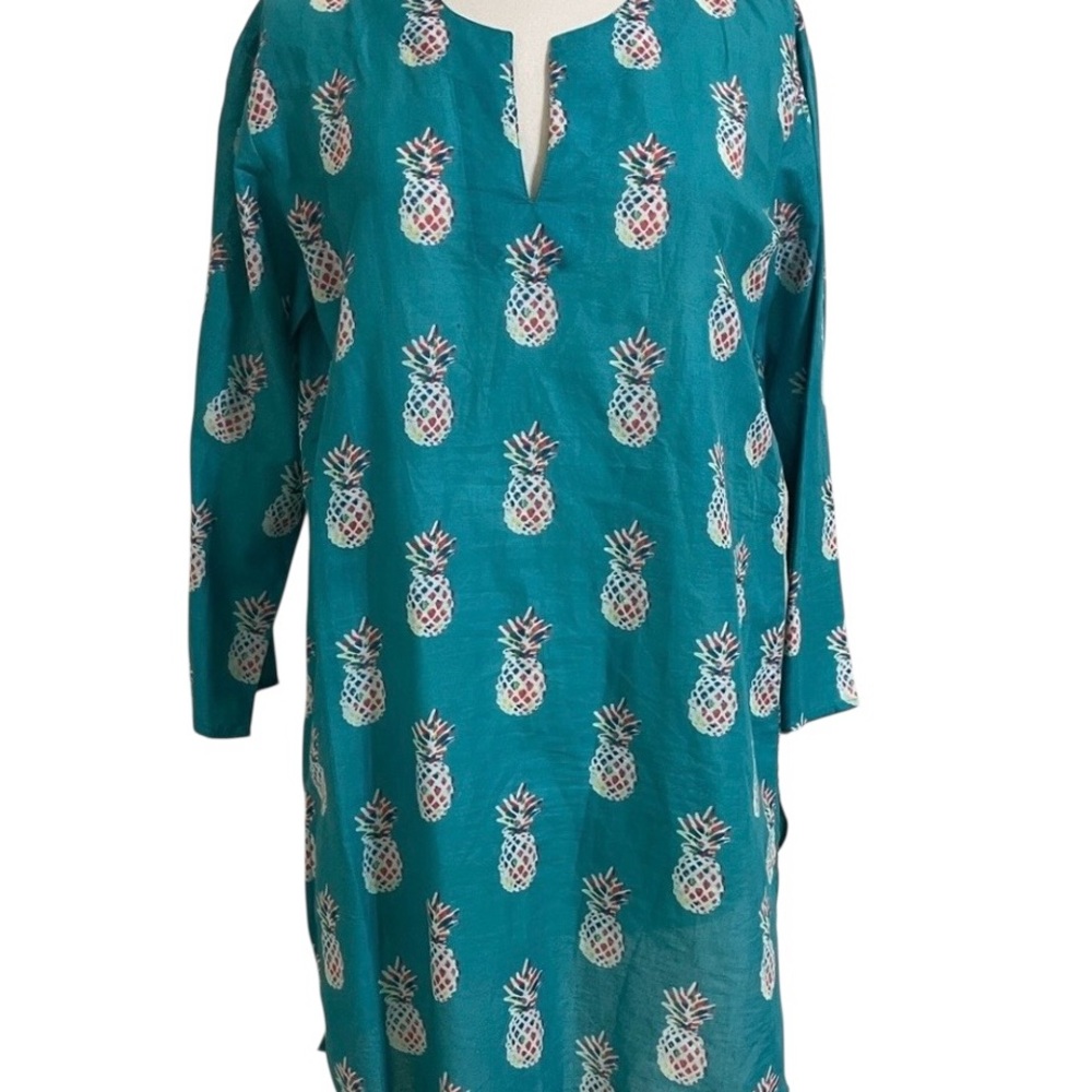 New KIKI SOL TealTurquoise Pineapple Print Lightweight Cotton Swim Coverup Small